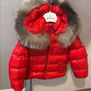 Moncler Red Puffer Jacket with Fur Hood